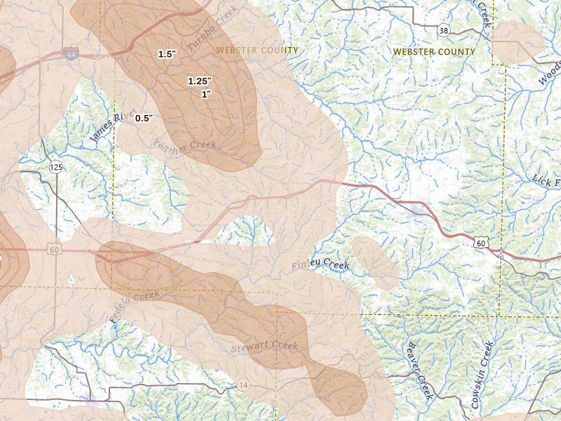 Radar-estimated hail-size map of the storm over Fordland, MO on Aug 6, 2026