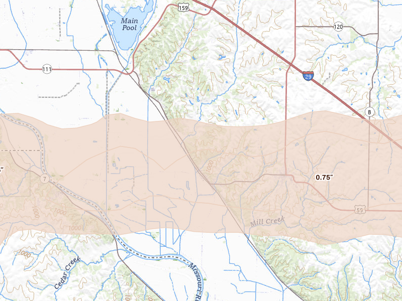 Radar-estimated hail-size map of the storm over Forest City, MO on Jun 10, 2026