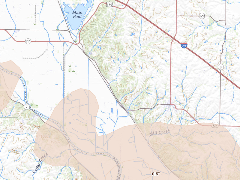 Radar-estimated hail-size map of the storm over Forest City, MO on Jul 3, 2026