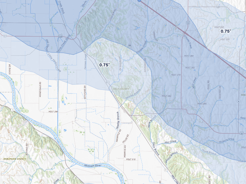 NEXRAD radar-signature map of the hail storm over Forest City, MO on Aug 9, 2026