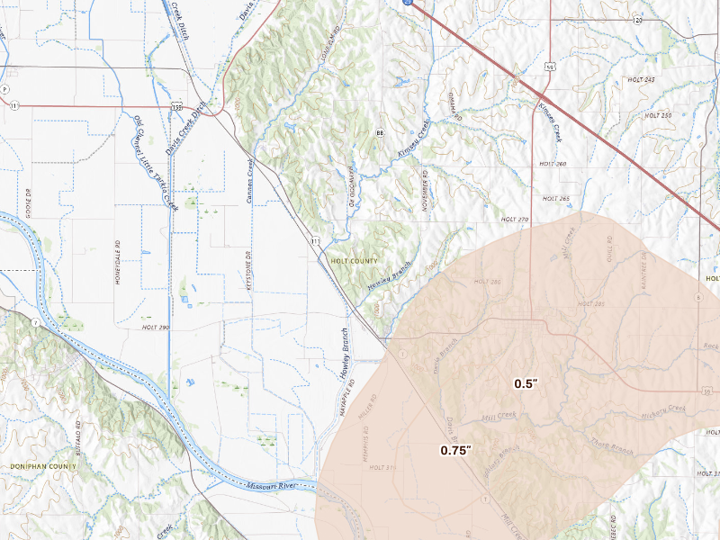 Radar-estimated hail-size map of the storm over Forest City, MO