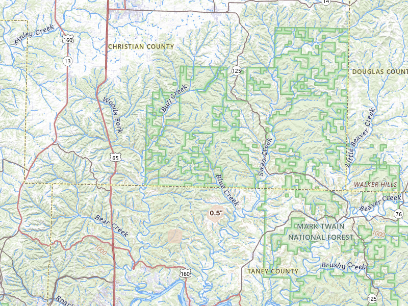 Radar-estimated hail-size map of the storm over Forsyth, MO on Mar 4, 2026
