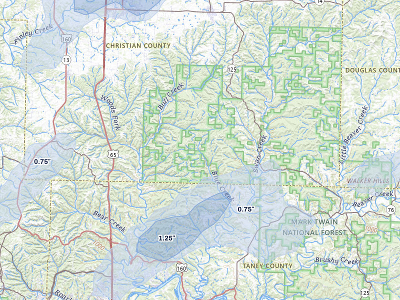 NEXRAD radar-signature map of the hail storm over Forsyth, MO on Mar 4, 2026