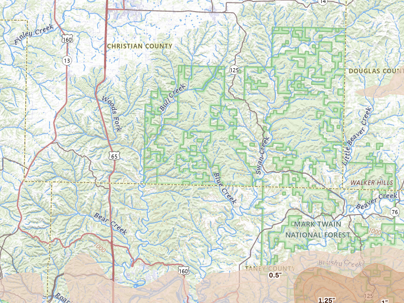 Radar-estimated hail-size map of the storm over Forsyth, MO on Apr 27, 2026