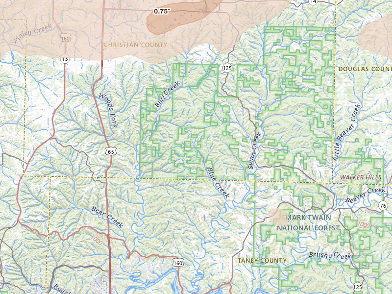 Radar-estimated hail-size map of the storm over Forsyth, MO on Apr 28, 2026