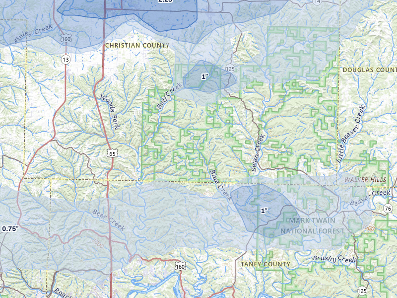 NEXRAD radar-signature map of the hail storm over Forsyth, MO on Apr 28, 2026