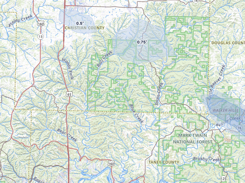 NEXRAD radar-signature map of the hail storm over Forsyth, MO on Jul 4, 2026