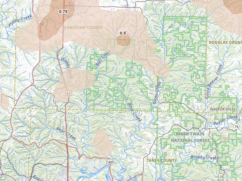 Radar-estimated hail-size map of the storm over Forsyth, MO on Aug 6, 2026