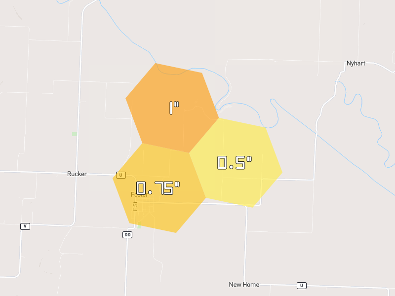 Hail map of Foster, MO on Jun 1, 2026, hail up to 1"
