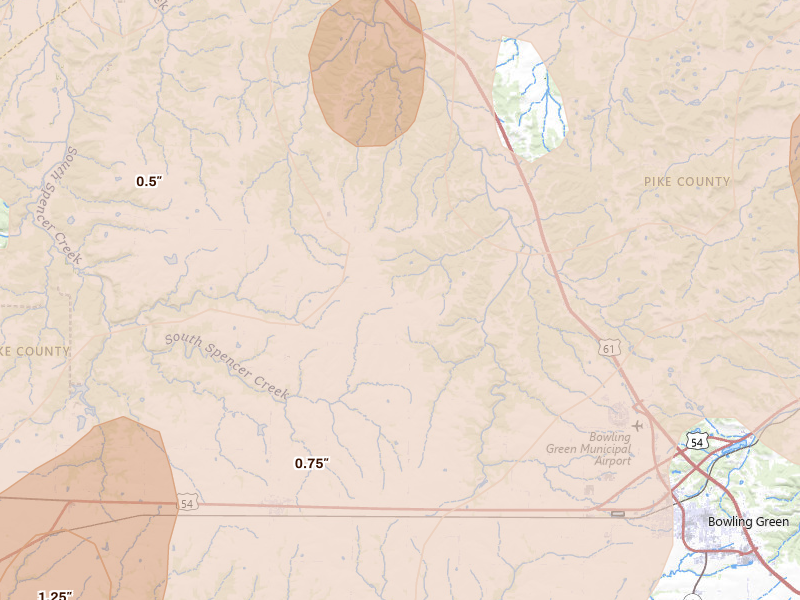 Radar-estimated hail-size map of the storm over Frankford, MO on Apr 27, 2026