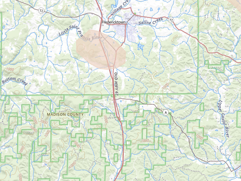 Radar-estimated hail-size map of the storm over Fredericktown, MO on May 31, 2026