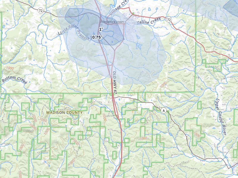 NEXRAD radar-signature map of the hail storm over Fredericktown, MO on May 31, 2026