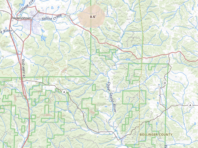 Radar-estimated hail-size map of the storm over Fredericktown, MO on Jun 1, 2026