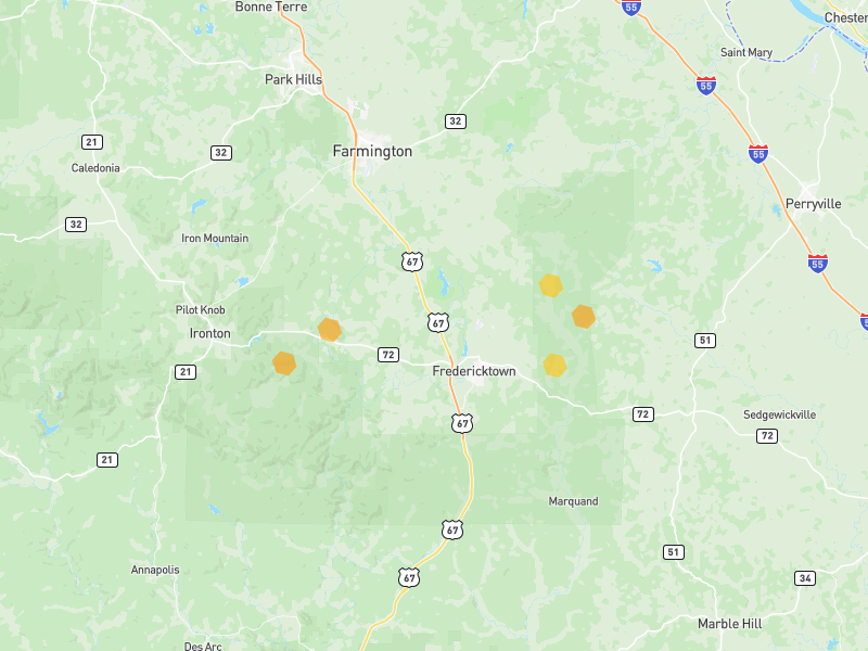 Hail map of Fredericktown, MO on Jun 1, 2026, hail up to 1"