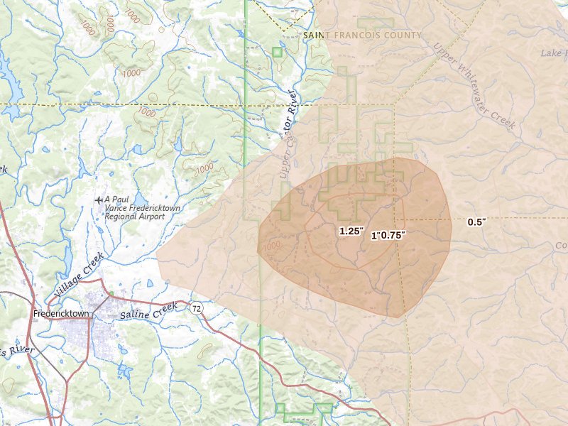 Radar-estimated hail-size map of the storm over Fredericktown, MO on Aug 12, 2026