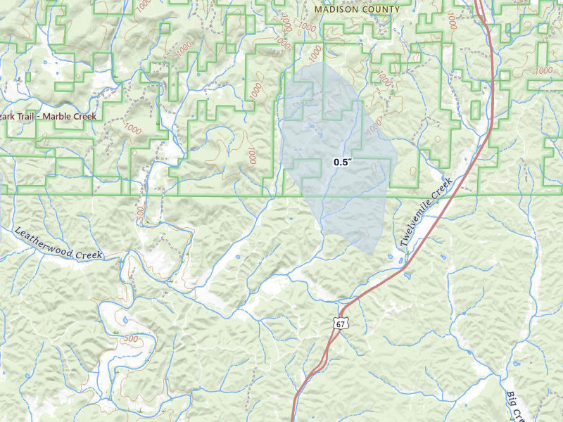 NEXRAD radar-signature map of the hail storm over Fredericktown, MO on Aug 12, 2026