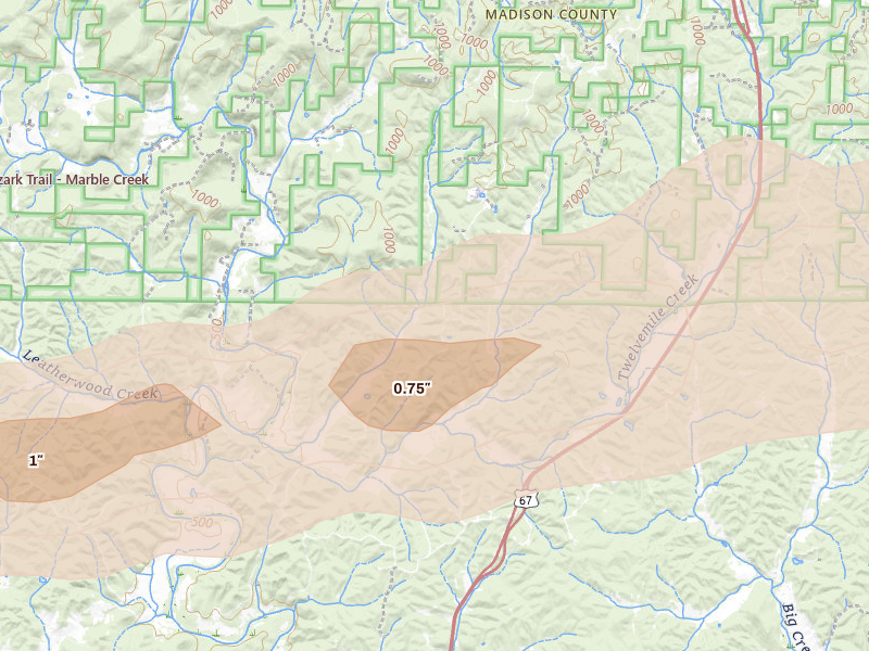 Radar-estimated hail-size map of the storm over Fredericktown, MO on Aug 19, 2026