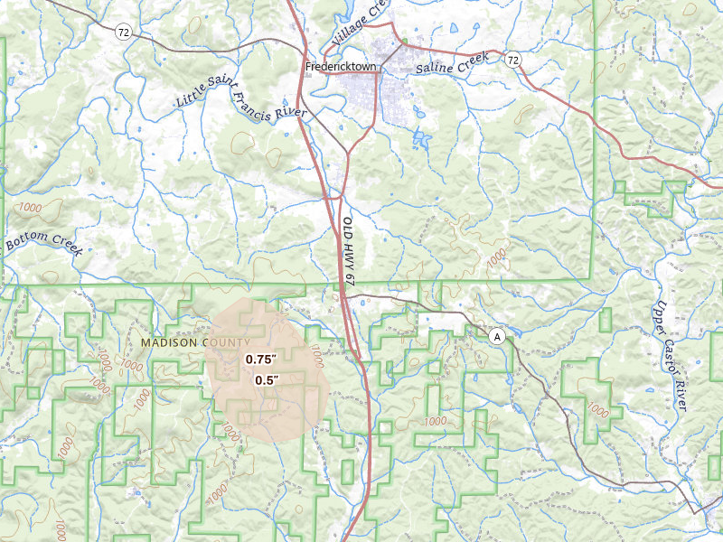 Radar-estimated hail-size map of the storm over Fredericktown, MO
