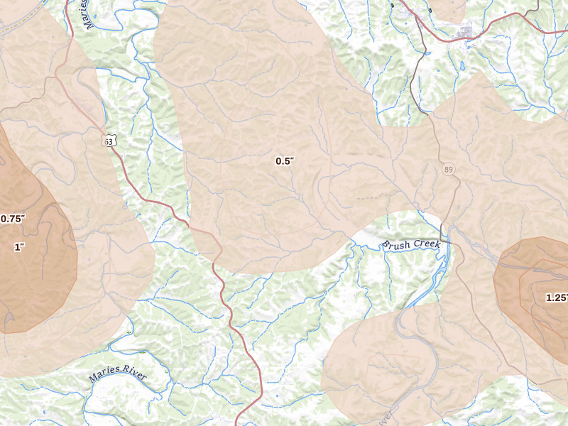 Radar-estimated hail-size map of the storm over Freeburg, MO on Apr 27, 2026
