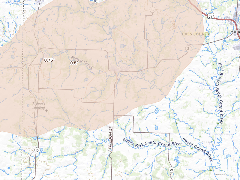 Radar-estimated hail-size map of the storm over Freeman, MO on Apr 26, 2026