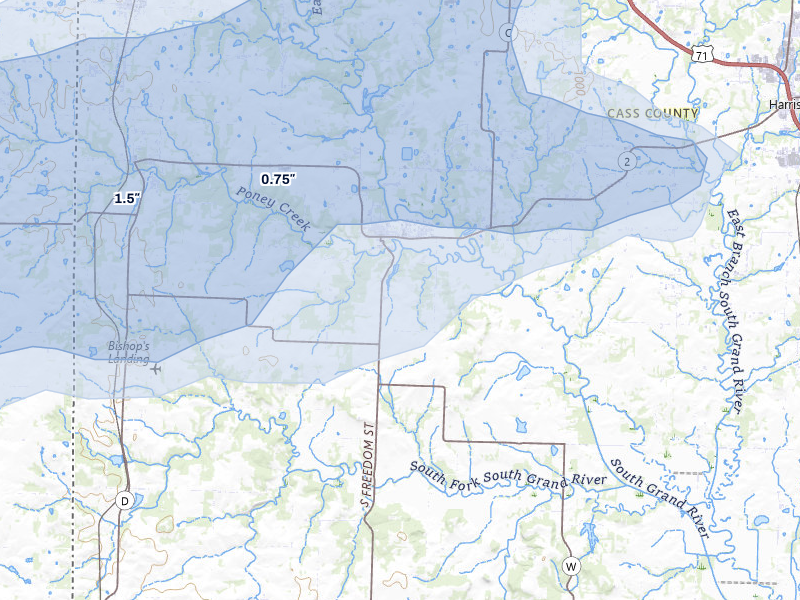 NEXRAD radar-signature map of the hail over Freeman, MO