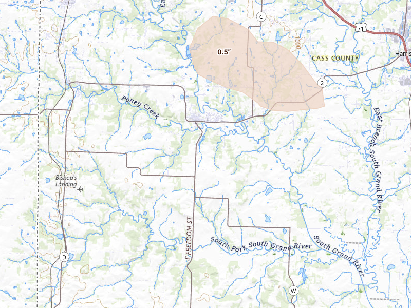Radar-estimated hail-size map of the storm over Freeman, MO on Jun 17, 2026