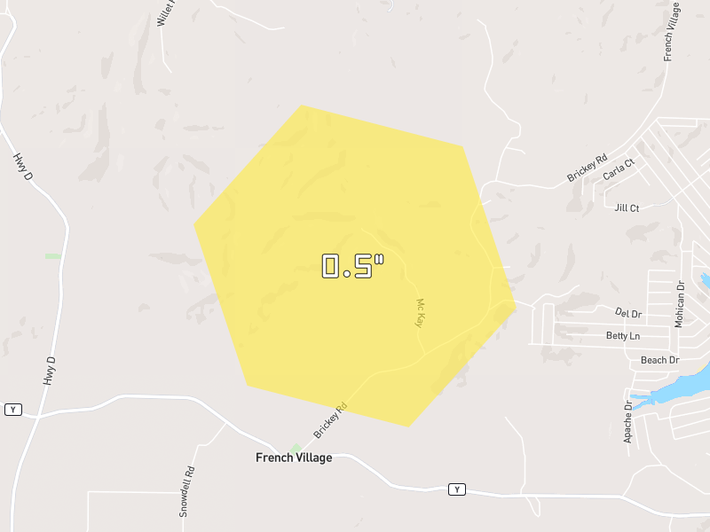 Hail map of French Village, MO on Jun 1, 2026, hail up to 0.5"