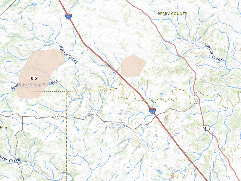 Radar-estimated hail-size map of the storm over Friedheim, MO on Jul 4, 2026