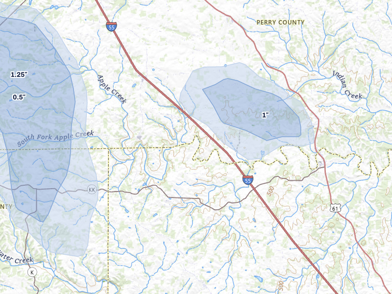 NEXRAD radar-signature map of the hail storm over Friedheim, MO on Jul 4, 2026