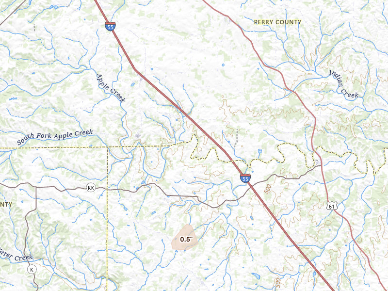 Radar-estimated hail-size map of the storm over Friedheim, MO on Jul 7, 2026
