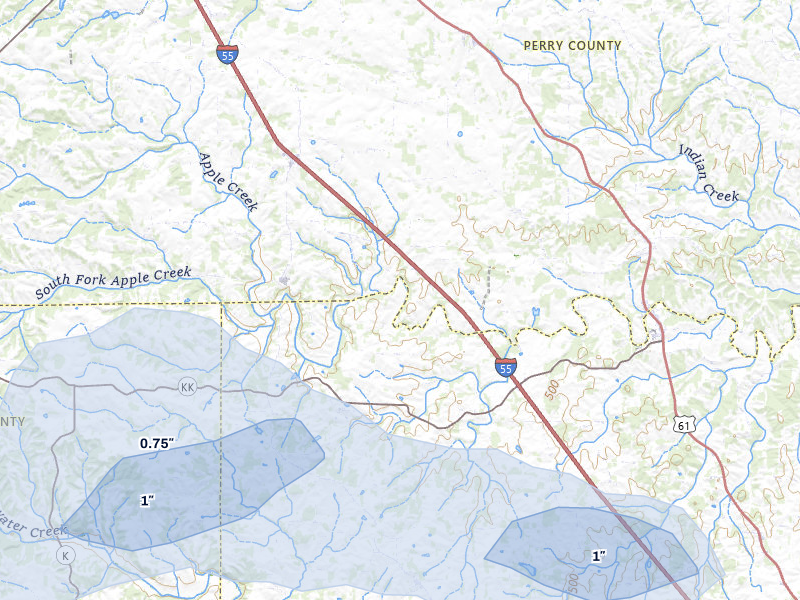 NEXRAD radar-signature map of the hail storm over Friedheim, MO on Jul 9, 2026