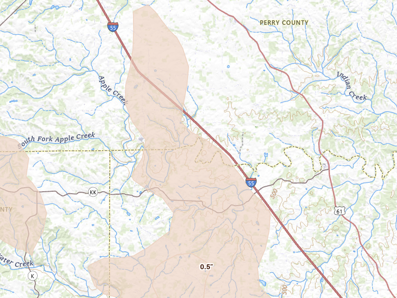 Radar-estimated hail-size map of the storm over Friedheim, MO on Aug 12, 2026