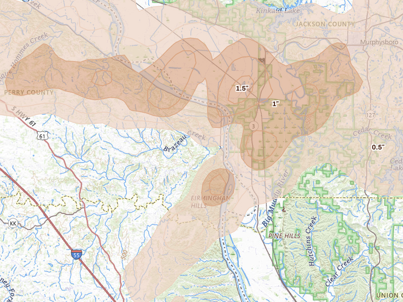 Radar-estimated hail-size map of the storm over Frohna, MO on Apr 27, 2026