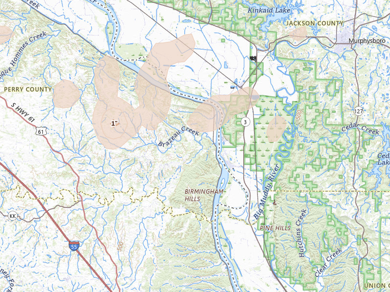 Radar-estimated hail-size map of the storm over Frohna, MO on Jun 11, 2026