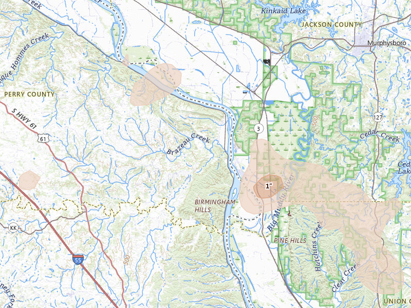 Radar-estimated hail-size map of the storm over Frohna, MO on Jul 4, 2026