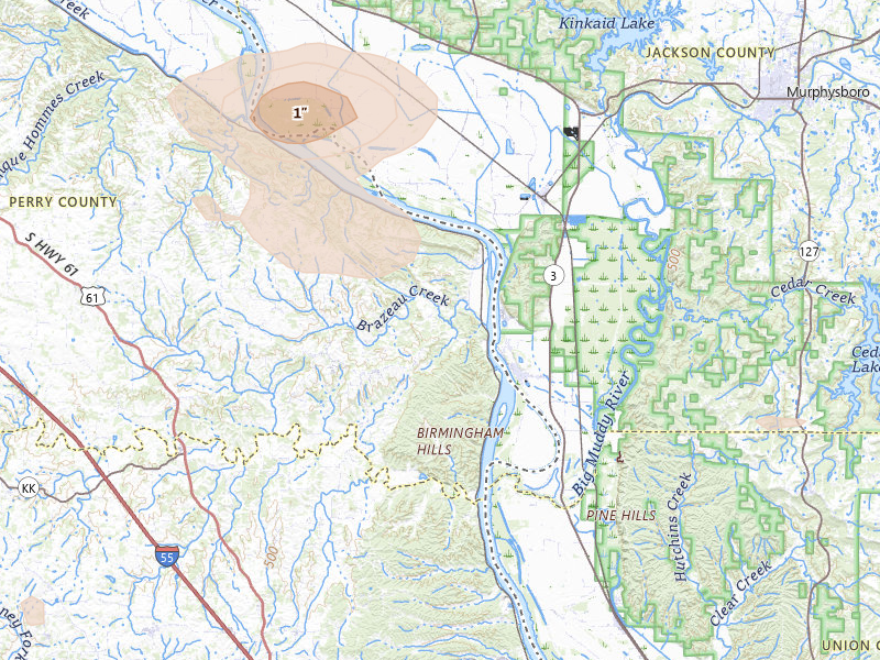 Radar-estimated hail-size map of the storm over Frohna, MO on Jul 9, 2026