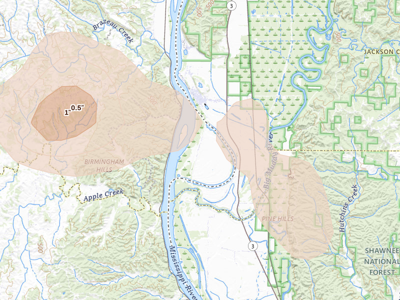 Radar-estimated hail-size map of the storm over Frohna, MO on Aug 12, 2026