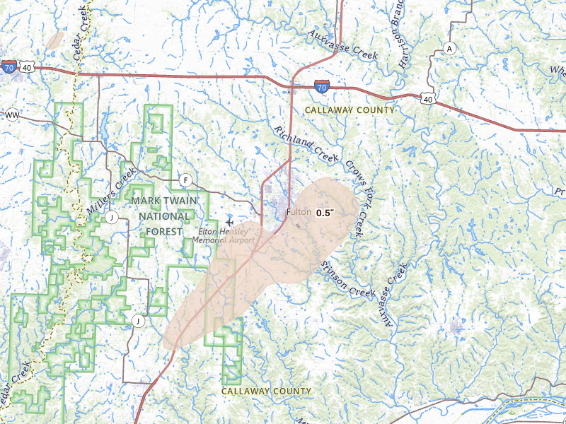 Radar-estimated hail-size map of the storm over Fulton, MO on Apr 17, 2026