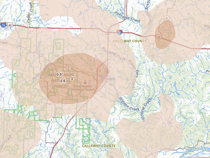 Radar-estimated hail-size map of the storm over Fulton, MO on May 31, 2026