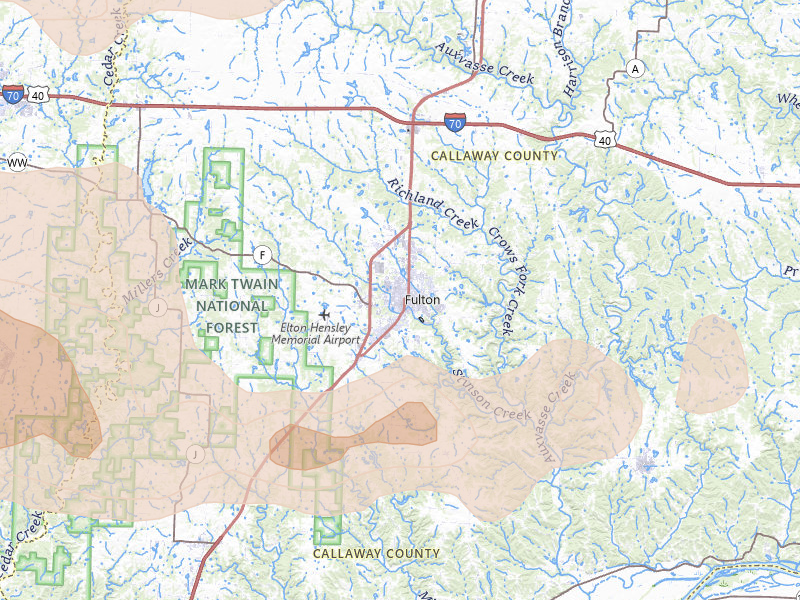 Radar-estimated hail-size map of the storm over Fulton, MO on Jun 11, 2026