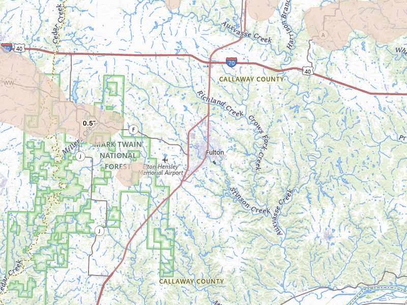 Radar-estimated hail-size map of the storm over Fulton, MO on Jul 10, 2026