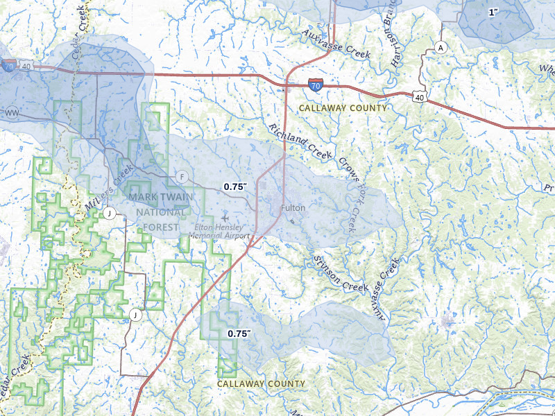 NEXRAD radar-signature map of the hail storm over Fulton, MO on Jul 10, 2026