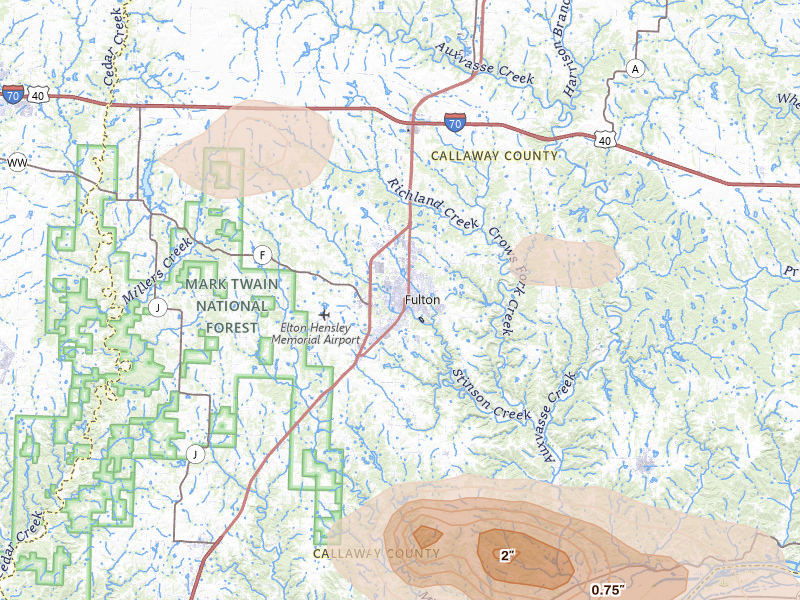 Radar-estimated hail-size map of the storm over Fulton, MO on Jul 31, 2026