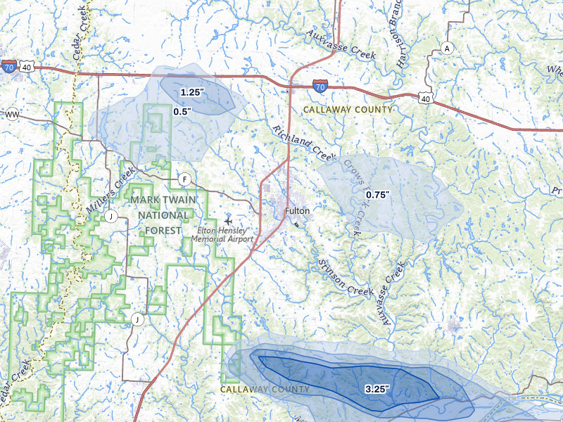 NEXRAD radar-signature map of the hail storm over Fulton, MO on Jul 31, 2026