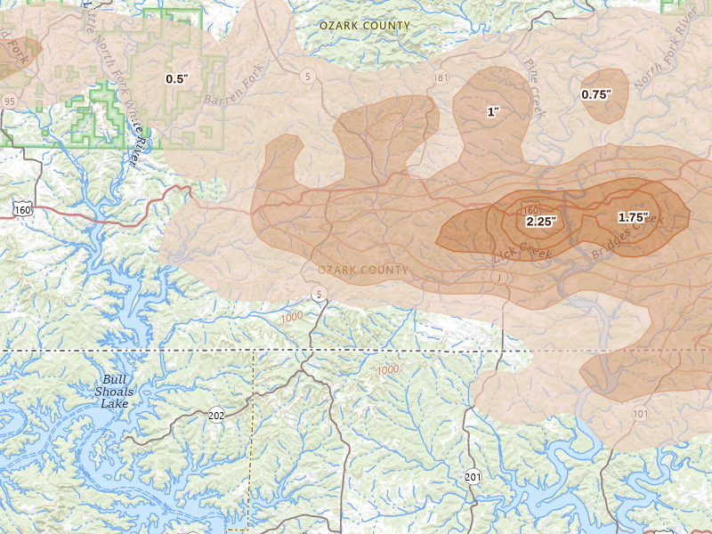 Radar-estimated hail-size map of the storm over Gainesville, MO on Apr 27, 2026