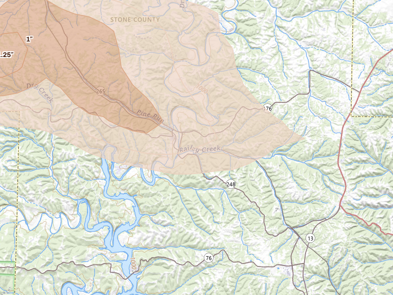 Radar-estimated hail-size map of the storm over Galena, MO on Apr 26, 2026