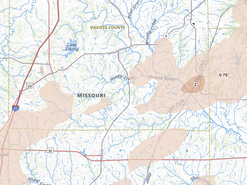 Radar-estimated hail-size map of the storm over Gallatin, MO on Apr 17, 2026