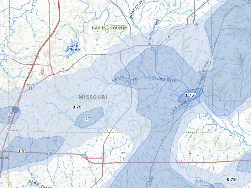 NEXRAD radar-signature map of the hail over Gallatin, MO