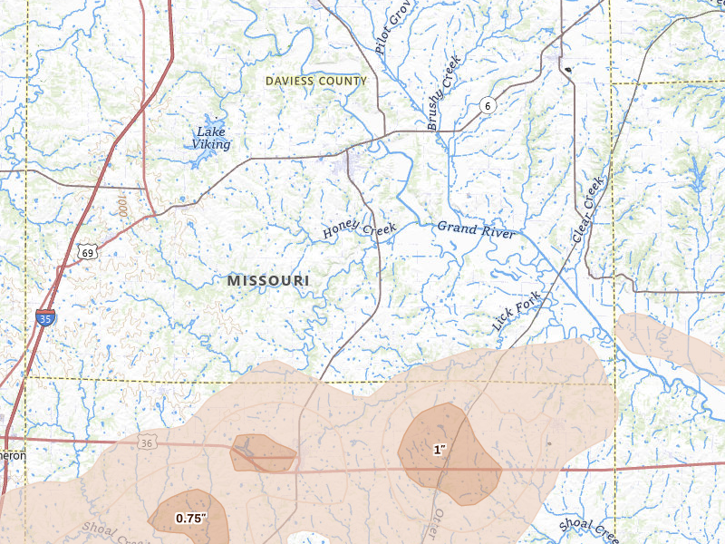 Radar-estimated hail-size map of the storm over Gallatin, MO on Apr 26, 2026