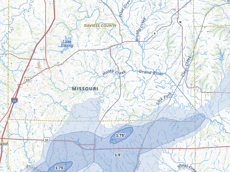 NEXRAD radar-signature map of the hail over Gallatin, MO